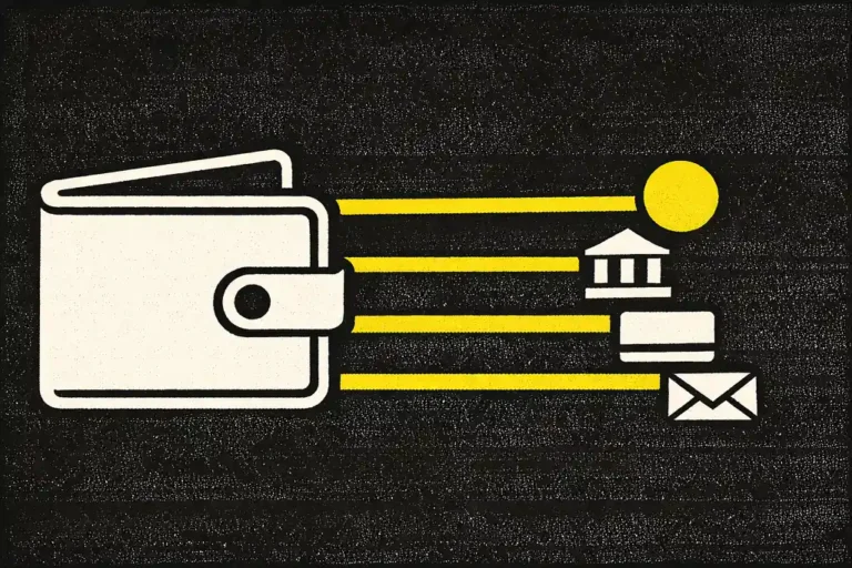 Représentation brutaliste sérigraphie des méthodes de paiement casino en ligne avec un portefeuille et quatre canaux de paiement